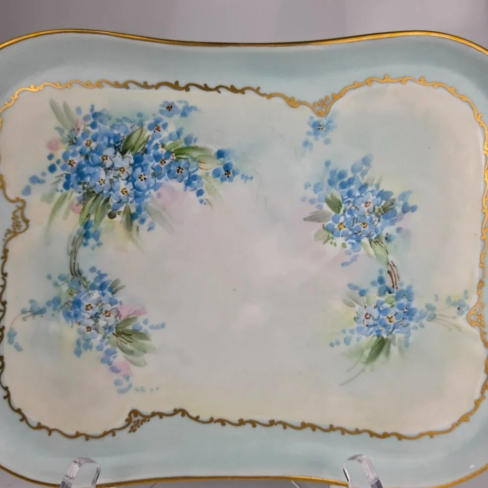 Antique Limoges B&Co France Vanity Set Tray Hair Receiver Forget Me Not Gold